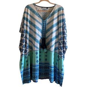 CABANA LIFE Long Swim Suit Coverup Blue & Green Tropical Print Large